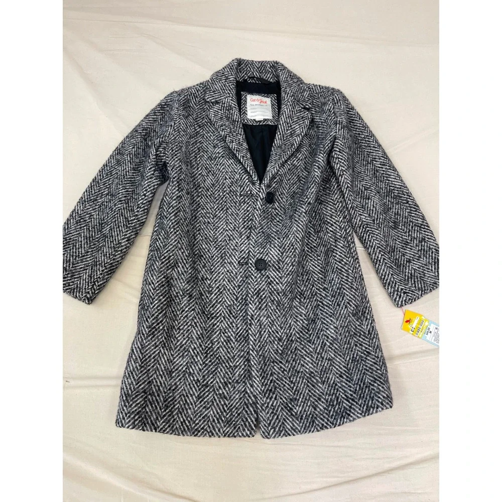 Cat & Jack Kids Herringbone Dress Coat Black White Chevron Mid Length Jacket